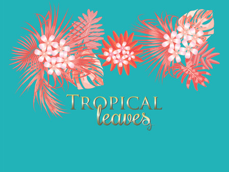 Tropical vector background in Living Coral color. Main trend concept. Botany design for cover. Jungle leaves can be used for brochure template, poster, wedding invitation or card design.のイラスト素材