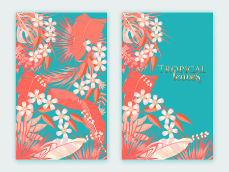 Tropical vector background in Living Coral color. Main trend concept. Botany design for cover. Jungle leaves can be used for brochure template, poster, wedding invitation or card design.のイラスト素材