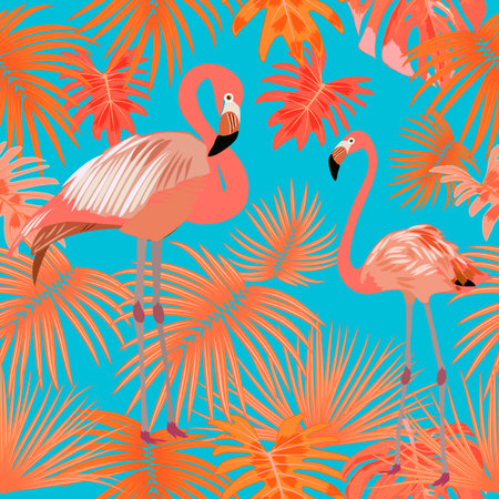 Tropical vector seamless pattern in Living Coral color with flamingo. Main trend concept. Botany design, jungle leaves of palm tree and flowers.のイラスト素材