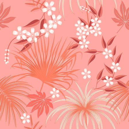 Tropical vector seamless pattern in Living Coral color. Main trend concept. Botany design, jungle leaves of palm tree and flowers.のイラスト素材