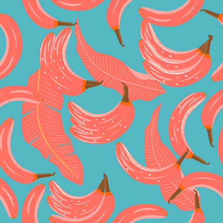 Tropical vector seamless pattern in Living Coral color with banana. Main trend concept. Botany design, jungle leaves of palm tree and flowers.のイラスト素材