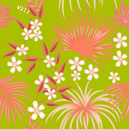 Tropical vector seamless pattern, red branches on green background. Botany design, jungle leaves of palm tree and flowers.のイラスト素材