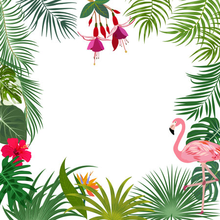 Vector tropical jungle banner, frame with flamingo, palm trees, flowers and leaves on white background for wedding,quotes, Birthday and invitation cards,greeting cards, print, blogs, bridal cards.のイラスト素材