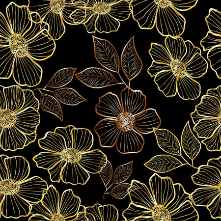 Gold vector flowers seamless pattern with hand drawn contour lines, decorative elements for greeting cards, wallpapers, wedding invitations, scrapbookingのイラスト素材