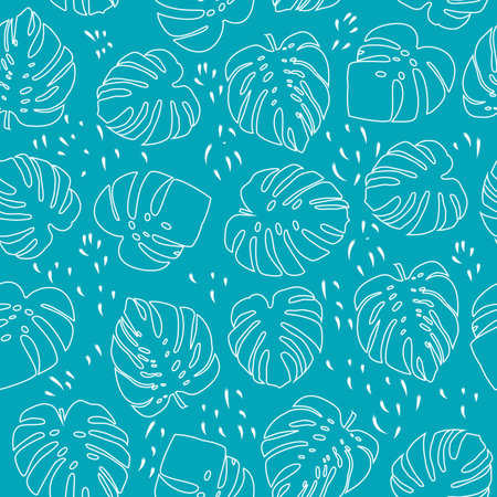 Seamless pattern with contour lines monochrome monstera, tropical jungle leaves. Botanical vector...