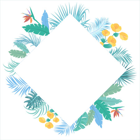 Tropical floral frame template, border of jungle palm leaves and flowers for postcard, wedding invitation, social networks, greeting card with place for text, vector backgroundのイラスト素材