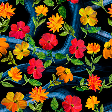 Seamless pattern abstract red and yellow flowers, art painting, creative hand painted background, brush texture, acrylic painting. Modern art. Contemporary art.の写真素材
