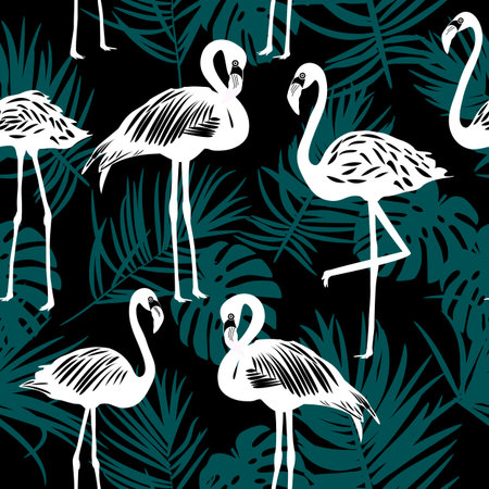 Seamless pattern of flamingo with palm leaves, exotic bird, vector illustrationのイラスト素材