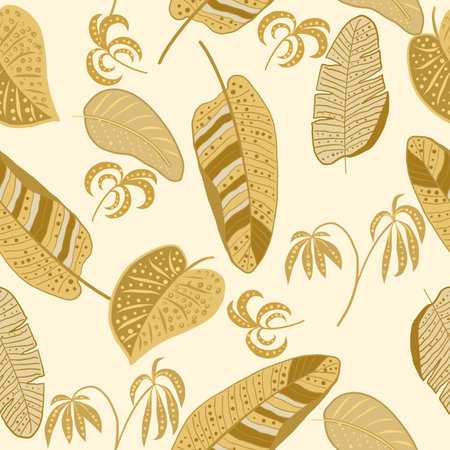 Tropical vector seamless pattern with gold leaves of palm tree and flowers. Botany light background, jungle wallpaper.のイラスト素材