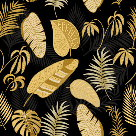 Tropical vector seamless pattern with gold leaves of palm tree and flowers. Botany light background, jungle wallpaper.のイラスト素材
