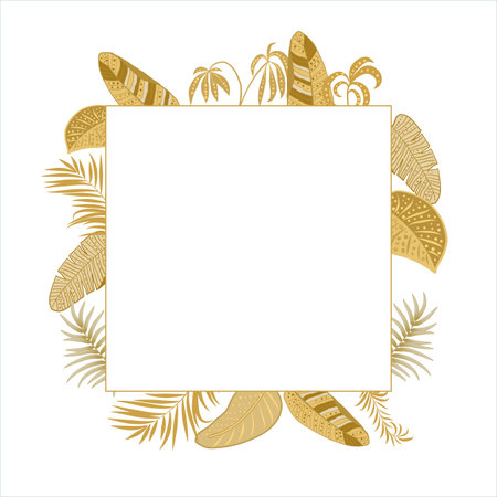 Tropical floral frame template, border of jungle palm leaves and flowers for postcard, wedding invitation, social networks, greeting card with place for text, vector backgroundのイラスト素材