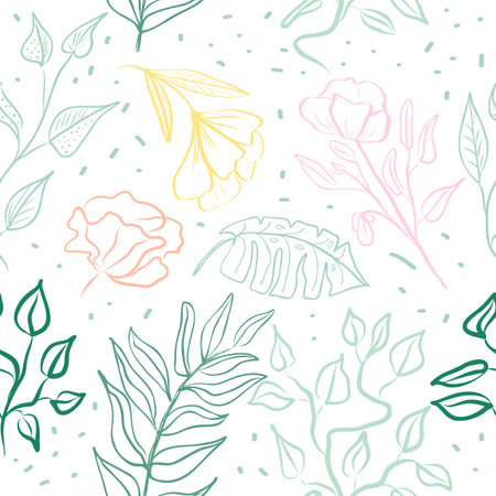 Vector seamless pattern of hand draw tropical leaves and flowers. Botany light background, jungle wallpaper.のイラスト素材