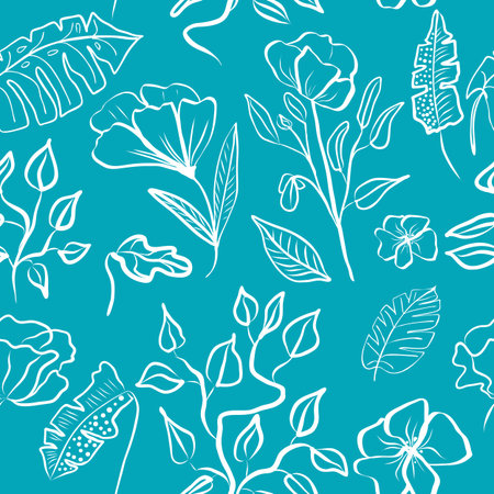 Seamless pattern of white hand draw tropical leaves and flowers. Botany light vector background, jungle wallpaper.のイラスト素材