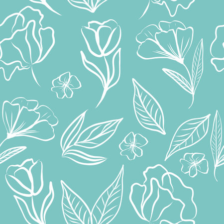 Seamless pattern of white hand draw tropical leaves and flowers. Botany light vector background, jungle wallpaper.のイラスト素材
