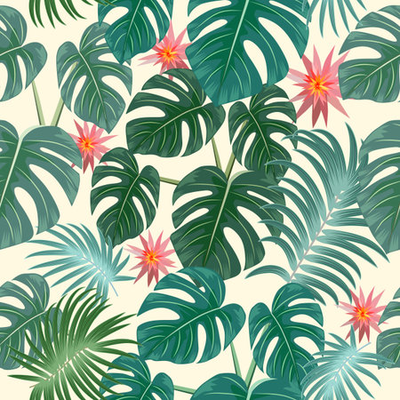 Seamless pattern with tropical leaves of palm tree, monstera and flowers. Botany vector background, jungle wallpaper.のイラスト素材