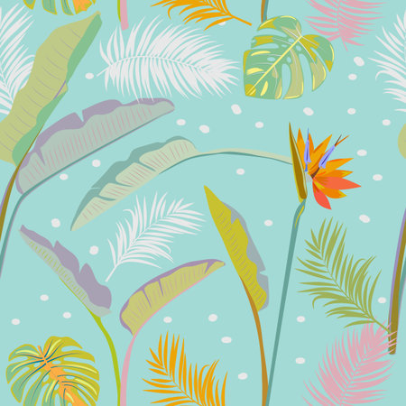 Vector tropical seamless pattern with leaves of strelitzia, palm tree and flowers. Botany light background, jungle wallpaper.のイラスト素材