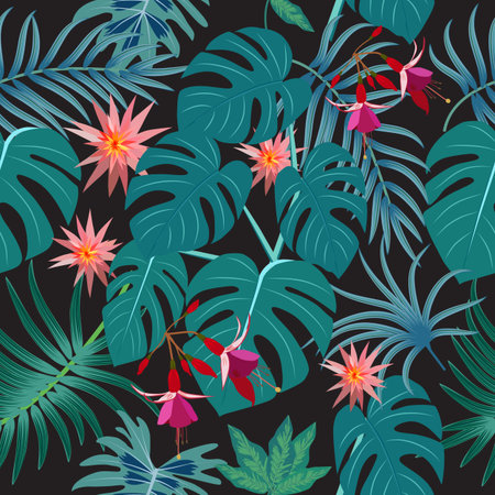 Seamless pattern with tropical leaves of palm tree, monstera and flowers. Botany vector background, jungle wallpaper.のイラスト素材