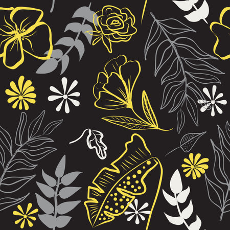 Seamless pattern of ultimate gray hand draw tropical leaves of palm tree and illuminating yellow flowers. Botany vector background, jungle wallpaper.のイラスト素材