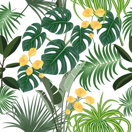 Vector tropical seamless pattern with leaves of palm tree and flowers. Botany light background, jungle wallpaper.のイラスト素材