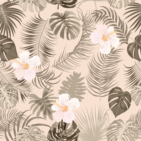 Vector tropical seamless pattern with leaves of palm tree and flowers. Botany light background, jungle wallpaper.のイラスト素材