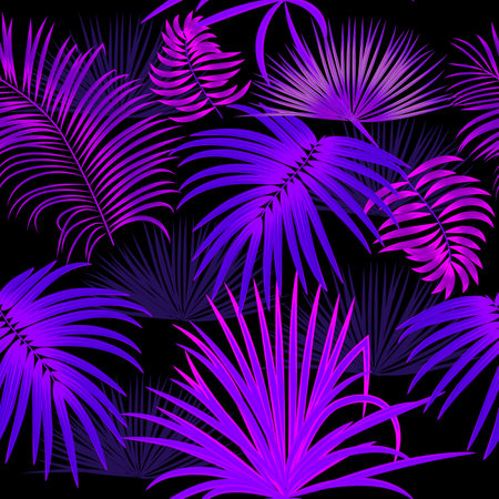 Neon blue and purple seamless pattern with tropical leaves of palm tree. Botany vector background, jungle wallpaper.のイラスト素材
