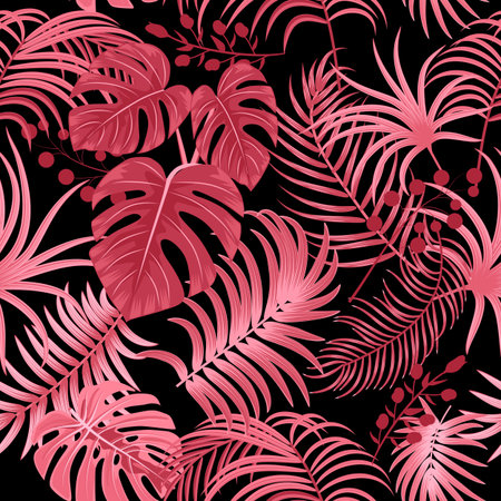 Tropical vector seamless pattern with leaves of palm tree and flowers. Floral background, jungle wallpaper.のイラスト素材