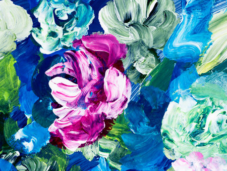 Pink flowers, abstract painting, original hand drawn, impressionism style, color texture, brushstrokes of paint, art background. Modern art. Contemporary art.の写真素材