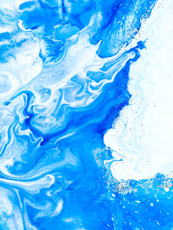 Blue creative abstract hand painted background with silver glitter, marble texture, abstract ocean, acrylic painting on canvas. Modern art. Contemporary art.の写真素材