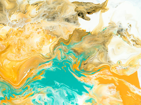 Turquoise wave with yellow abstract sea and sand, creative hand painted background, marble texture, abstract ocean, acrylic painting on canvas. Modern art. Contemporary art.の写真素材