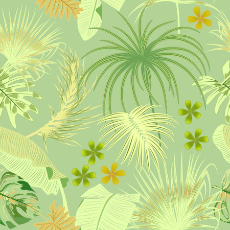 Green seamless vector pattern with tropical palm leaves, monstera and flowers, jungle backgroundのイラスト素材