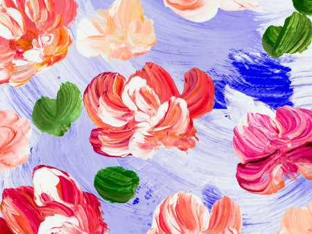 Abstract pink flowers on very peri violet brush texture, art painting, creative hand painted background, acrylic painting on canvas. Modern art. Contemporary art.の写真素材