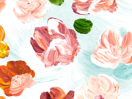 Abstract red and pink flowers, art painting, creative hand painted background, brush texture, acrylic painting on canvas. Modern art. Contemporary art.の写真素材