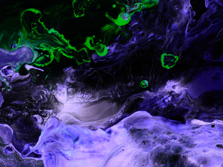 Abstract art painting in very peri violet and green colors, creative hand painted background, acrylic painting, marble texture, liquid artwork, abstract ocean. Modern art. Contemporary art.の写真素材