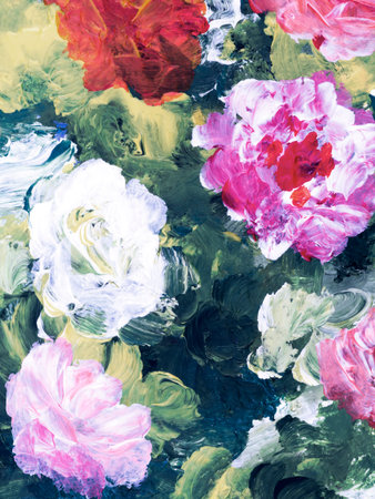 Abstract painting bright flowers, original hand drawn, impressionism style, color texture, brushstrokes of paint, art background. Modern art. Contemporary art.の写真素材