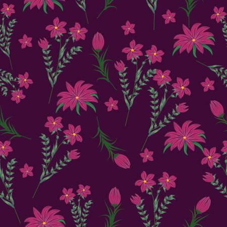 Seamless pattern with purple flowers, vector background, plants, botanical design for fashion, fabric, wallpaperのイラスト素材