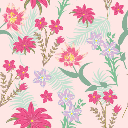 Seamless pattern with pink flowers, vector background, plants, botanical design for fashion, fabric, wallpaperのイラスト素材