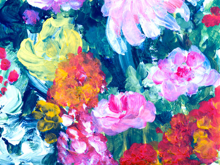 Red and pink abstract flowers, art painting, creative hand painted background, brush texture, acrylic painting. Modern art. Contemporary art.の写真素材