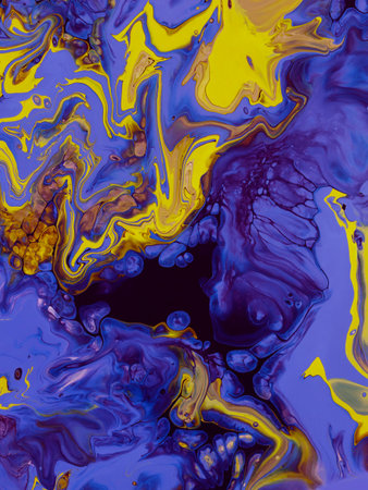 Violet wave with yellow abstract creative hand painted background, marble texture, abstract ocean, acrylic painting on canvas. Modern art. Contemporary art.の写真素材