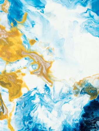 Blue and gold creative abstract hand painted background with copy space, marble texture, abstract ocean, acrylic painting on canvas. Modern art. Contemporary art.の写真素材