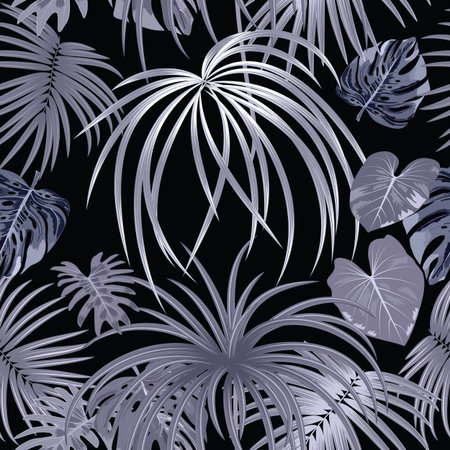 Seamless vector pattern monochrome silver palm tree leaves and flowers on black backgroundのイラスト素材