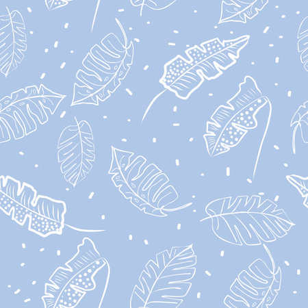 Vector seamless pattern of hand draw flower outline blue color and tropical leaves. Botany background, jungle wallpaper.のイラスト素材