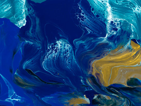 Abstract creative art painting in blue and gold colors, acrylic hand painted marble texture,...