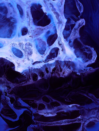 Neon abstract art painting in blue and purple colors, creative hand painted background, acrylic painting on canvas, marble texture, liquid artwork, abstract ocean. Modern art. contemporary art.の写真素材
