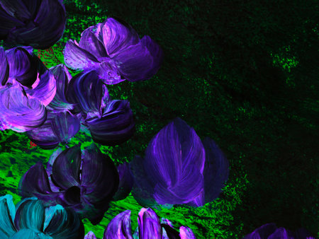 Neon abstract purple flowers, art painting, creative hand painted background, brush texture, acrylic painting. Modern art. contemporary art.の写真素材