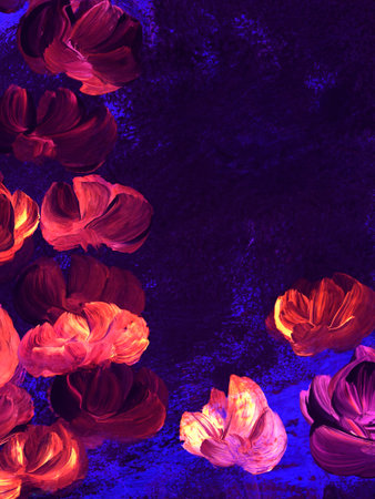 Neon abstract red flowers, art painting, creative hand painted background, brush texture, acrylic painting. Modern art. contemporary art.の写真素材