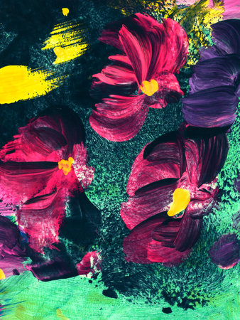 Neon abstract flowers, art painting, creative hand painted background, brush texture, acrylic painting. Modern art. Contemporary art.の写真素材