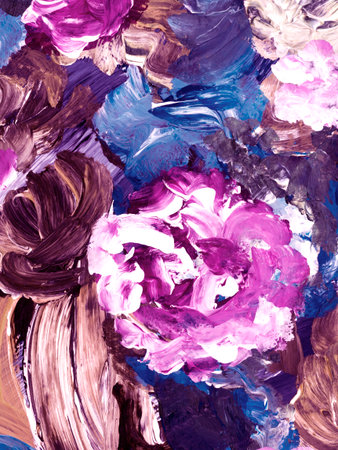 Abstract flowers, pink and violet art painting, creative hand painted background, brush texture, acrylic painting. Modern art. contemporary art.の写真素材