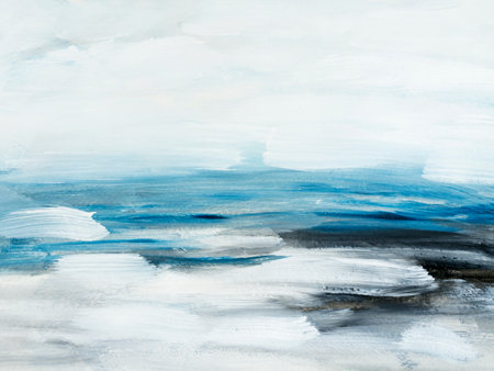abstract ocean landscape. original painting. Hand drawn, impressionism style, blue color texture with copy space, brushstrokes of paint, art background. Modern art. contemporary art.の写真素材
