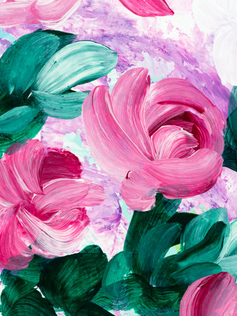 Abstract pink flowers original painting, hand drawn, impressionism style, color texture, brushstrokes of paint, art background. Modern art. contemporary art.の写真素材