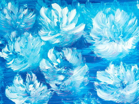Abstract painting white flowers on blue, original hand drawn, impressionism style, color texture, brushstrokes of paint, art background. Modern art. contemporary art.の写真素材